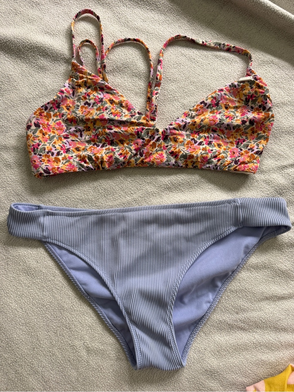 Roxy sz XL Floral Print Bikini Top & Light Periwinkle Ribbed Bottoms